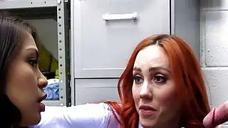 Asian Shoplifter Caught By Ginger MILF Guard And Her Partner